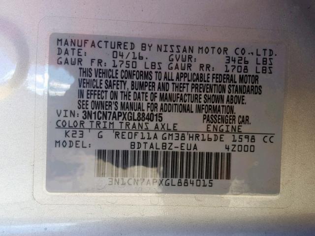 3N1CN7APXGL884015 - 2016 NISSAN VERSA S SILVER photo 10