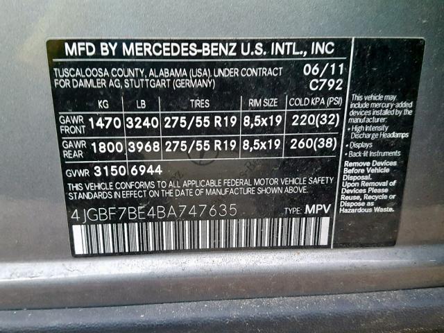 4JGBF7BE4BA747635 - 2011 MERCEDES-BENZ GL 450 4MA GRAY photo 10