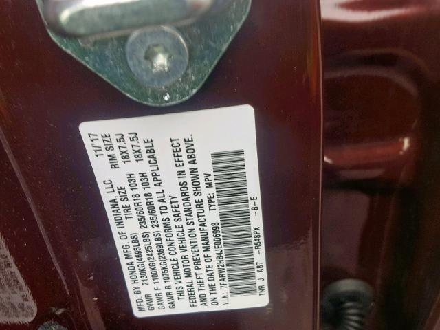 7FARW2H84JE006998 - 2018 HONDA CR-V EXL MAROON photo 10