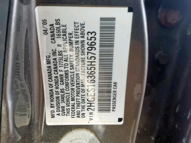 2HGES16365H579653 - 2005 HONDA CIVIC DX V GRAY photo 10