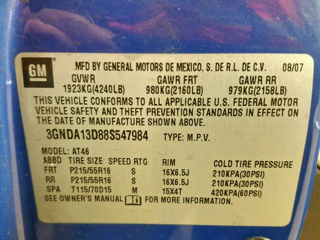3GNDA13D88S547984 - 2008 CHEVROLET HHR LS BLUE photo 10