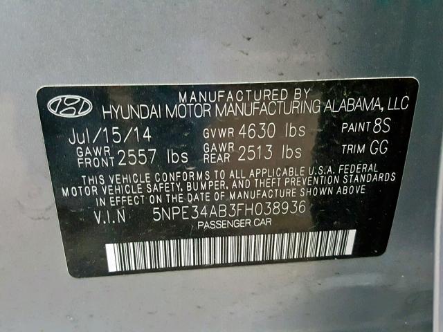 5NPE34AB3FH038936 - 2015 HYUNDAI SONATA SPO GRAY photo 10