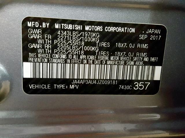 JA4AP3AU4JZ009181 - 2018 MITSUBISHI OUTLANDER GRAY photo 10