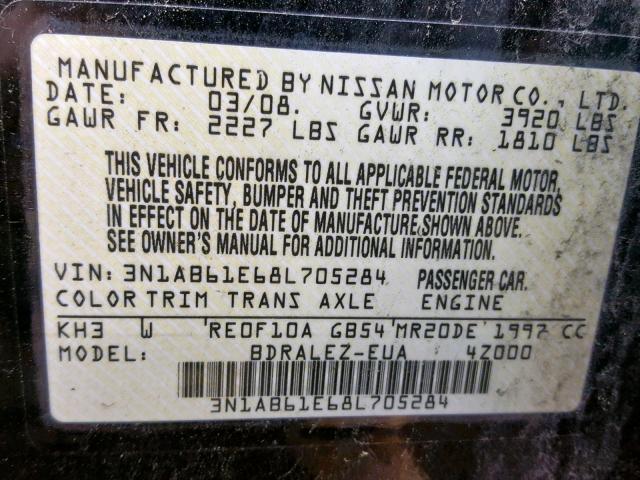 3N1AB61E68L705284 - 2008 NISSAN SENTRA 2.0 BLACK photo 10