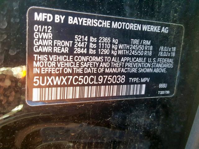 5UXWX7C50CL975038 - 2012 BMW X3 XDRIVE3 BLACK photo 10