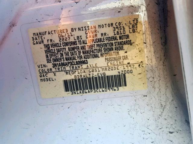 3N1AB6AP3CL609963 - 2012 NISSAN SENTRA 2.0 WHITE photo 10