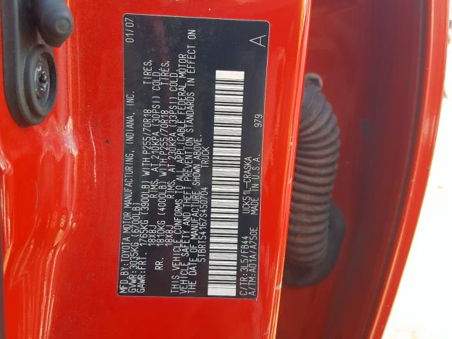 5TBRT54167S450704 - 2007 TOYOTA TUNDRA DOU RED photo 10