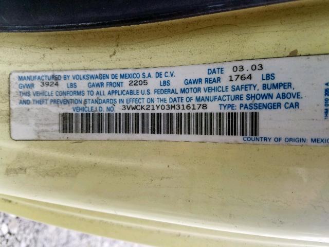 3VWCK21Y03M316178 - 2003 VOLKSWAGEN NEW BEETLE 黄色 照片 10