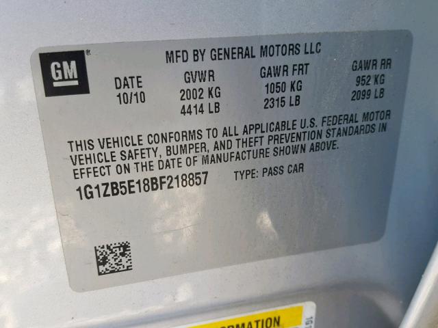 1G1ZB5E18BF218857 - 2011 CHEVROLET MALIBU LS 银色 照片 10