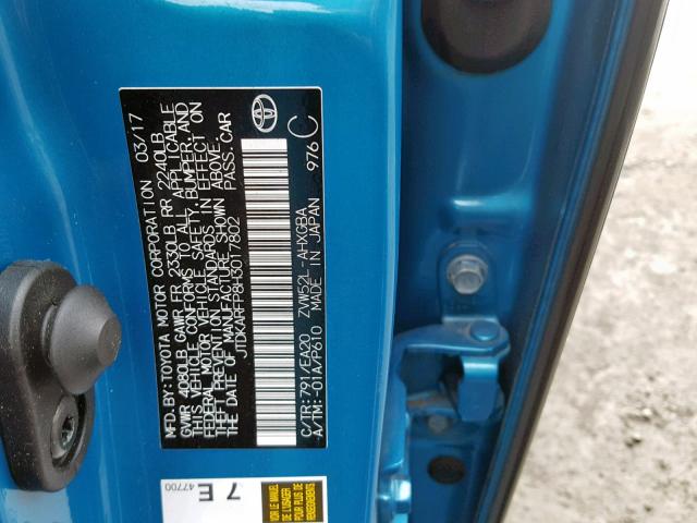 JTDKARFP8H3017802 - 2017 TOYOTA PRIUS PRIM BLUE photo 10