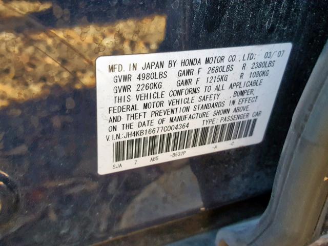 JH4KB16677C004364 - 2007 ACURA RL BLUE photo 10