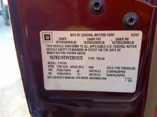 1GTEC19T0YZ261572 - 2000 GMC NEW SIERRA BURGUNDY photo 10