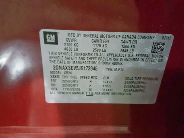 2GNAXSEV5J6172945 - 2018 CHEVROLET EQUINOX LT RED photo 10