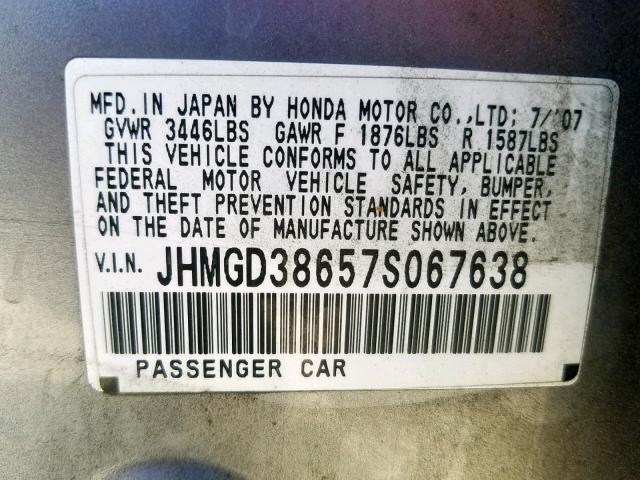 JHMGD38657S067638 - 2007 HONDA FIT S 银色 照片 10