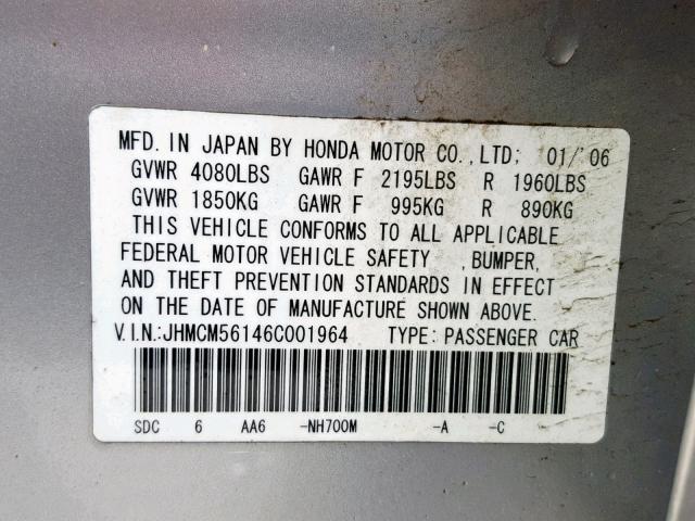 JHMCM56146C001964 - 2006 HONDA ACCORD VAL SILVER photo 10