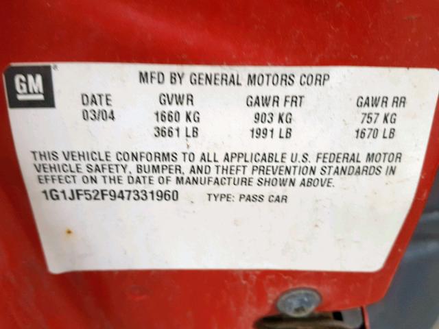 1G1JF52F947331960 - 2004 CHEVROLET CAVALIER L RED photo 10