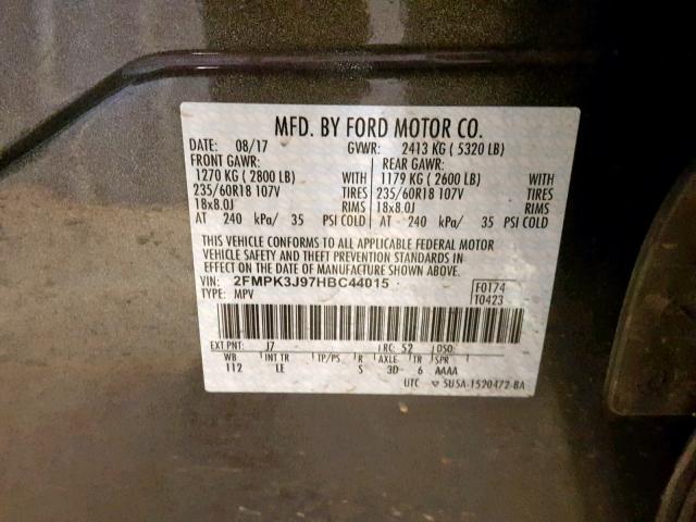 2FMPK3J97HBC44015 - 2017 FORD EDGE SEL GRAY photo 10