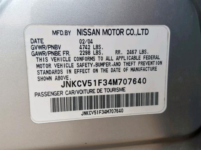 JNKCV51F34M707640 - 2004 INFINITI G35 SILVER photo 10