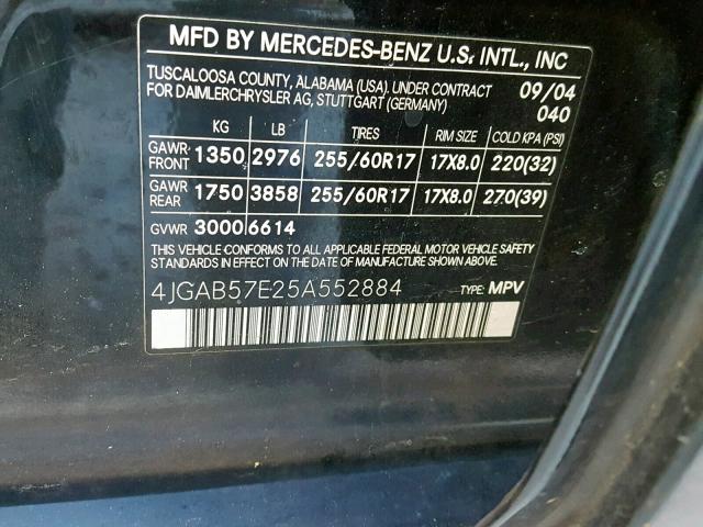 4JGAB57E25A552884 - 2005 MERCEDES-BENZ ML 350 BLACK photo 10