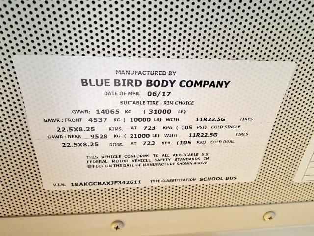 1BAKGCBAXJF342611 - 2018 BLUE BIRD SCHOOL BUS YELLOW photo 10