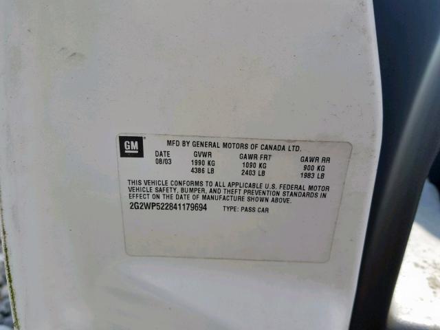 2G2WP522841179694 - 2004 PONTIAC GRAND PRIX WHITE photo 10