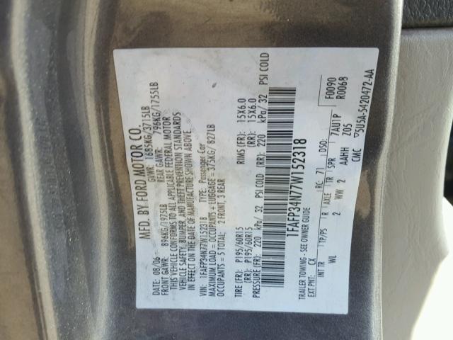 1FAFP34N77W152318 - 2007 FORD FOCUS ZX4 CHARCOAL photo 10
