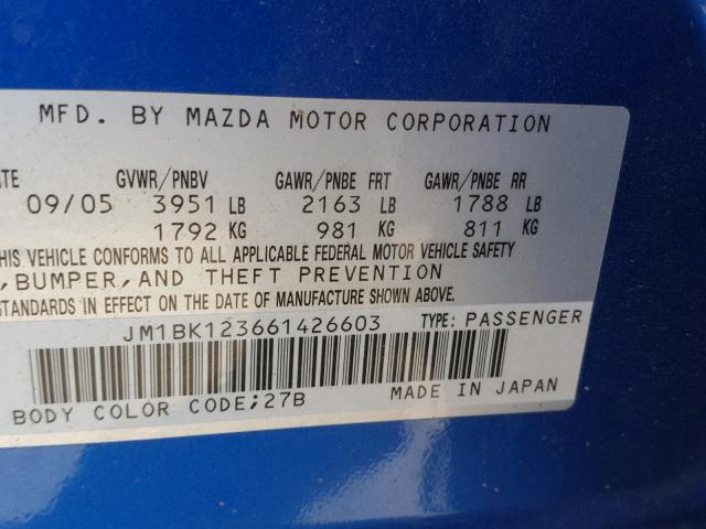 JM1BK123661426603 - 2006 MAZDA 3 S BLUE photo 10