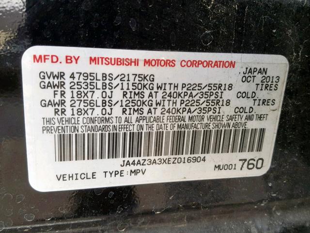 JA4AZ3A3XEZ016904 - 2014 MITSUBISHI OUTLANDER BLACK photo 10