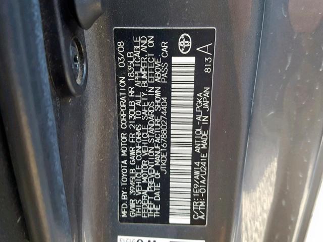 JTKDE167880274404 - 2008 TOYOTA SCION TC 灰色 照片 10