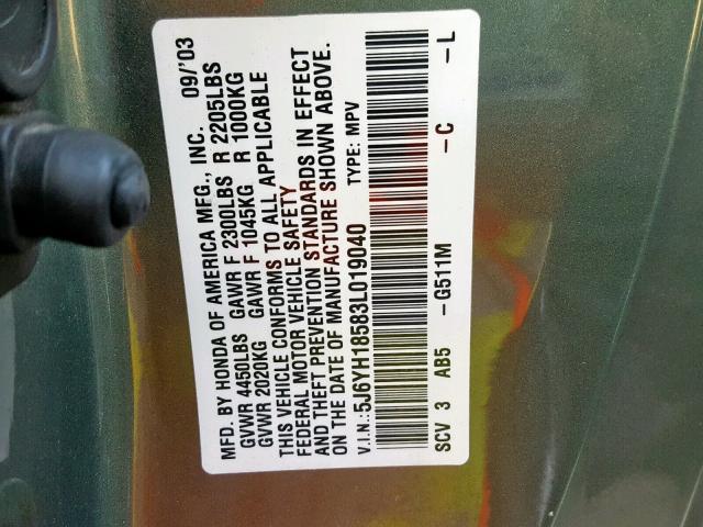 5J6YH18583L019040 - 2003 HONDA ELEMENT EX GREEN photo 10