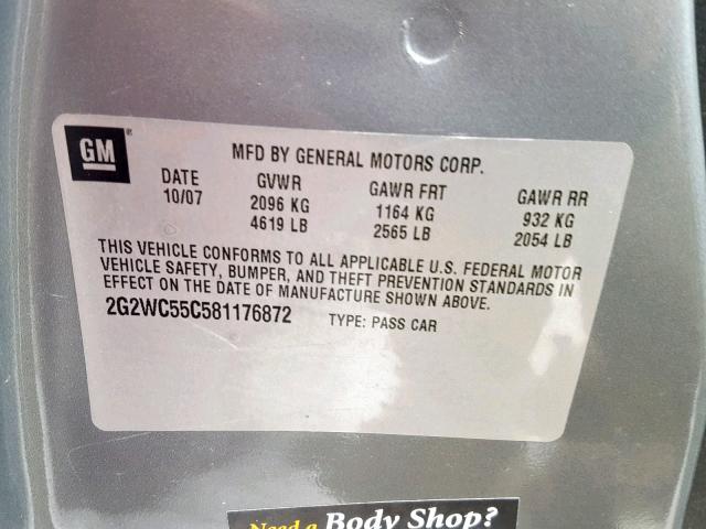 2G2WC55C581176872 - 2008 PONTIAC GRAND PRIX BLACK photo 10