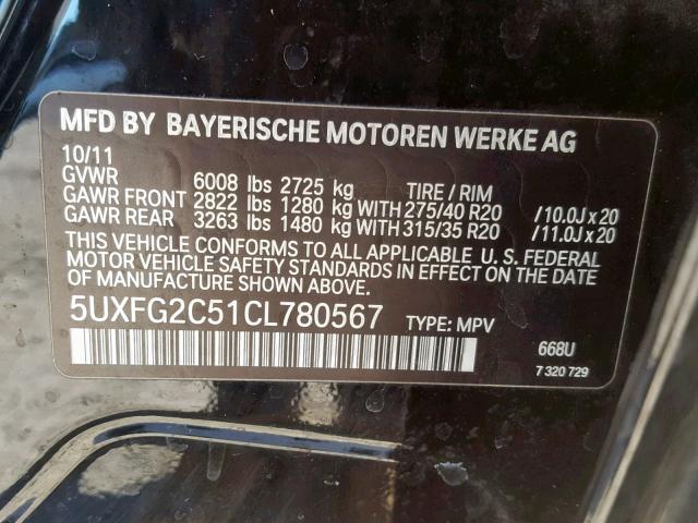 5UXFG2C51CL780567 - 2012 BMW X6 XDRIVE3 BLACK photo 10