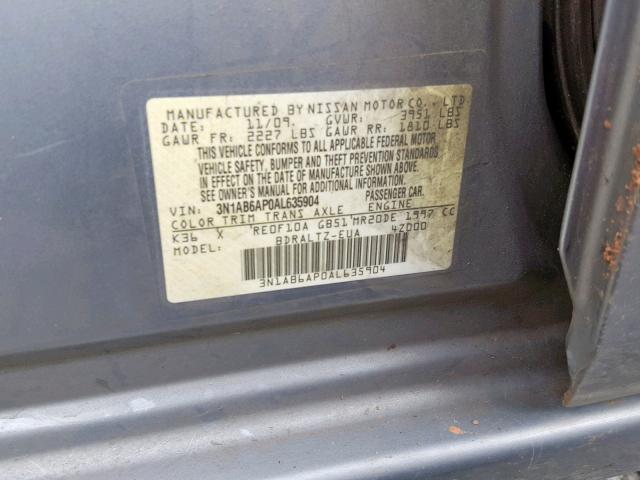 3N1AB6AP0AL635904 - 2010 NISSAN SENTRA 2.0 SILVER photo 10