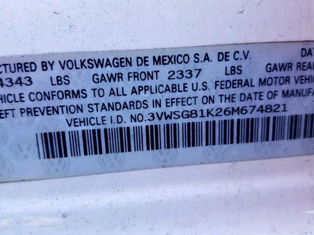 3VWSG81K26M674821 - 2006 VOLKSWAGEN JETTA 2.5 WHITE photo 10