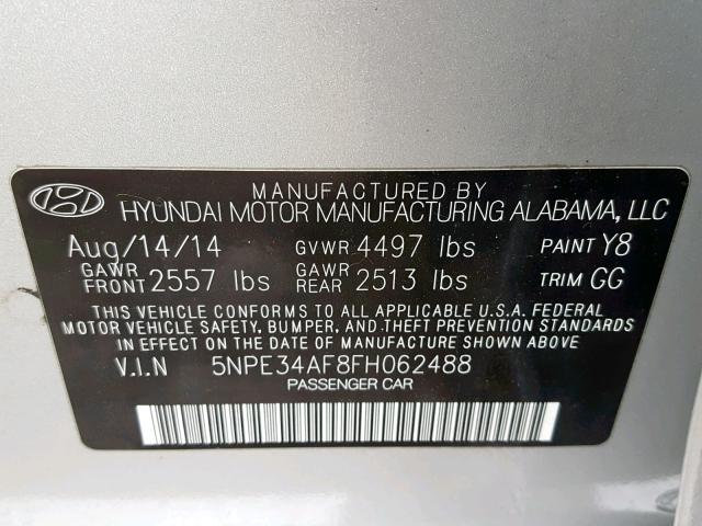 5NPE34AF8FH062488 - 2015 HYUNDAI SONATA SPO SILVER photo 10