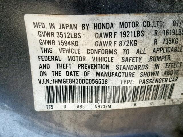 JHMGE8H30DC056536 - 2013 HONDA FIT GRAY photo 10