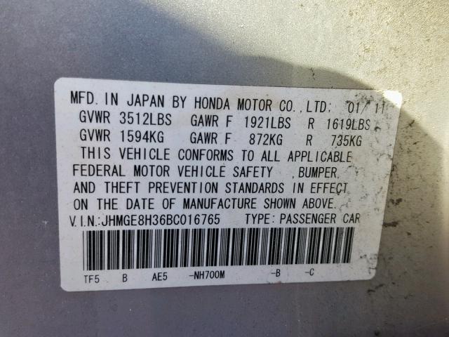 JHMGE8H36BC016765 - 2011 HONDA FIT SILVER photo 10