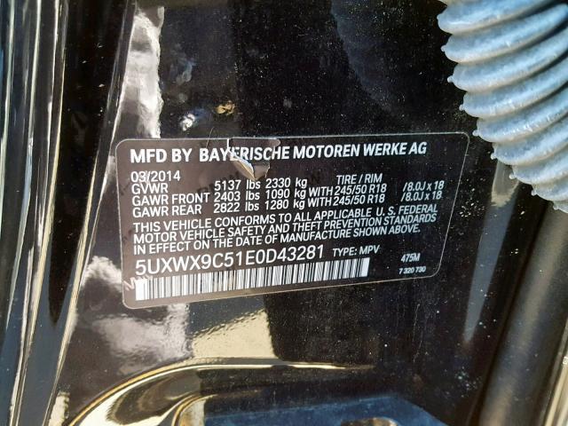 5UXWX9C51E0D43281 - 2014 BMW X3 XDRIVE2 BLACK photo 10