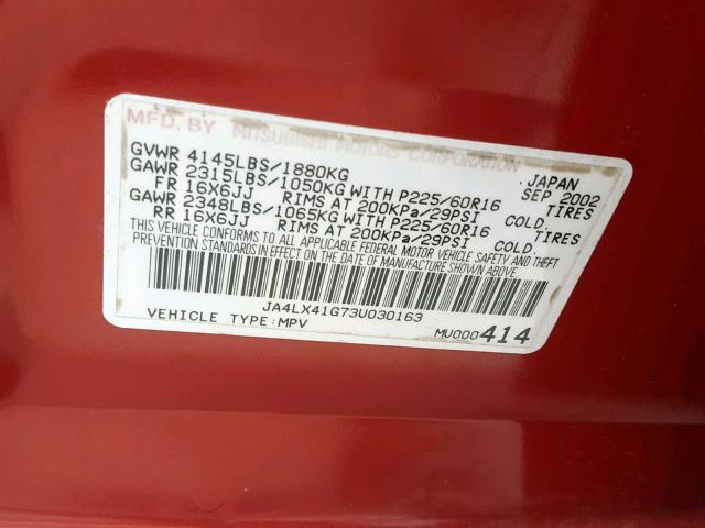 JA4LX41G73U030163 - 2003 MITSUBISHI OUTLANDER RED photo 10