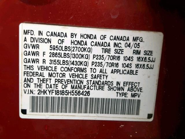 2HKYF18185H556426 - 2005 HONDA PILOT LX RED photo 10