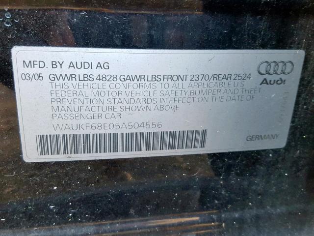 WAUKF68E05A504556 - 2005 AUDI A4 2.0T AV BLACK photo 10