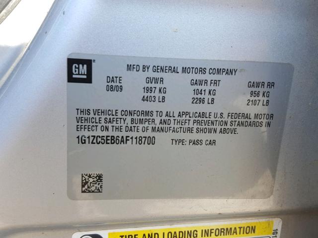 1G1ZC5EB6AF118700 - 2010 CHEVROLET MALIBU 1LT SILVER photo 10