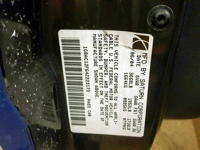 1G8AC12F64Z223173 - 2004 SATURN ION LEVEL BLUE photo 10