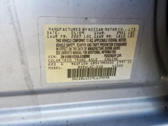 3N1AB61E59L639098 - 2009 NISSAN SENTRA 2.0 SILVER photo 10