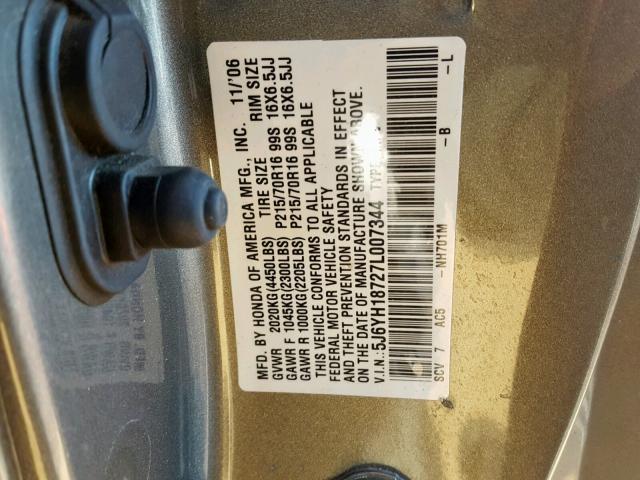 5J6YH18727L007344 - 2007 HONDA ELEMENT EX GRAY photo 10