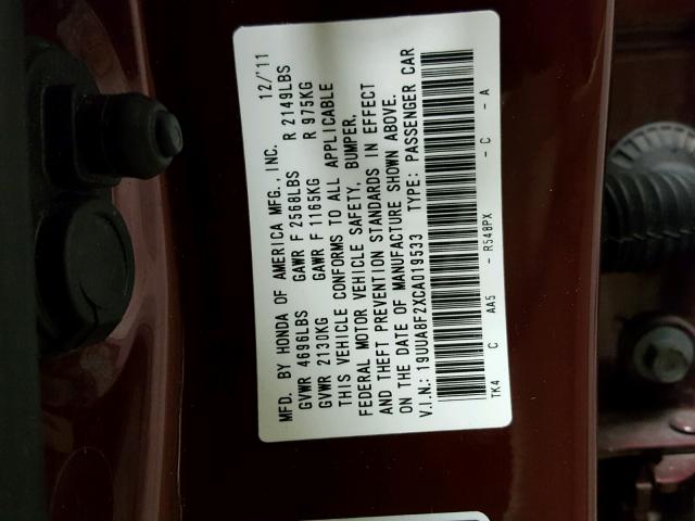 19UUA8F2XCA019533 - 2012 ACURA TL MAROON photo 10