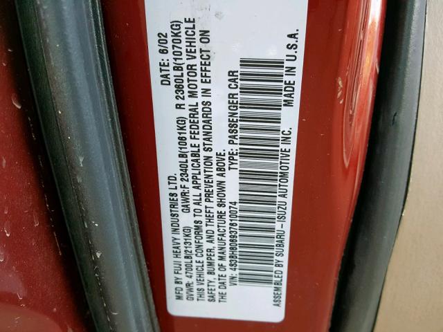 4S3BH806937610074 - 2003 SUBARU LEGACY OUT RED photo 10