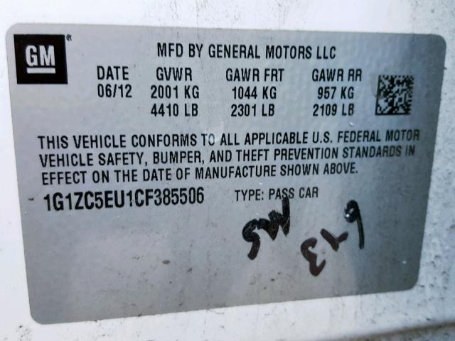 1G1ZC5EU1CF385506 - 2012 CHEVROLET MALIBU 1LT WHITE photo 10