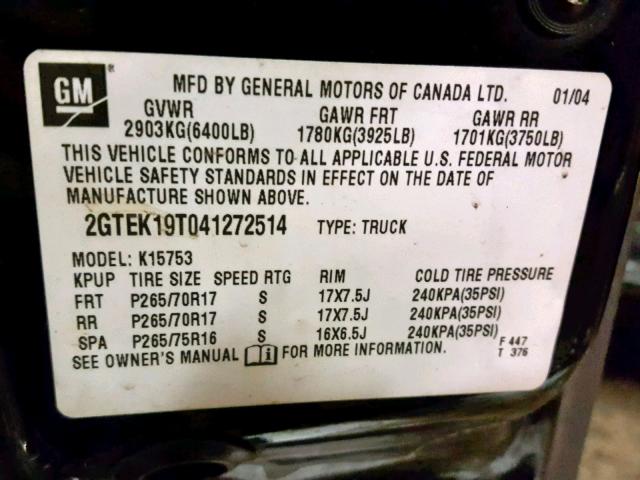 2GTEK19T041272514 - 2004 GMC NEW SIERRA BLACK photo 10