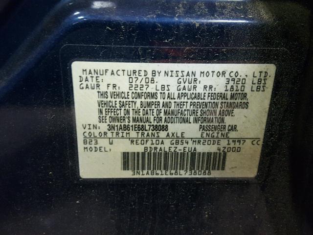 3N1AB61E68L738088 - 2008 NISSAN SENTRA 2.0 BLUE photo 10